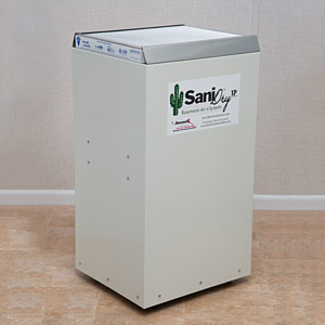 SaniDry upright dehumidifier installed in a basement
