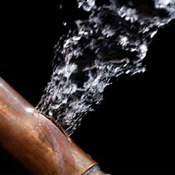 A bursting copper pipe in Bainbridge Island, with water gushing out.